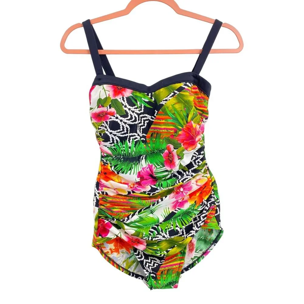Vintage Maxine floral print one piece swimsuit size 8‎ ruched front tropical